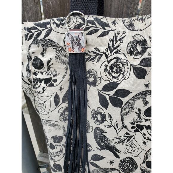 Handmade boho Boston terrier Leather Fringe Western bag charm, Long keychain - Picture 1 of 4